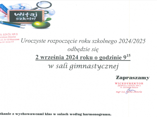 Komunikat – rozpoczęcie roku szkolnego 2024/2025